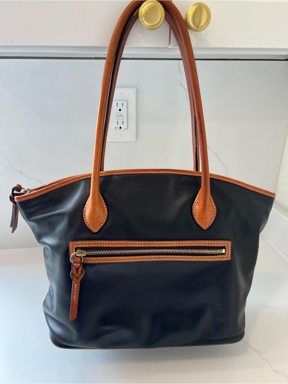 Dooney & Bourke Black & Tan Smooth Leather Crescent Tote Bag - Picture 13 of 14